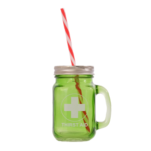 See more information about the Green Glass Mason Jar with Handle, Lid and Straw